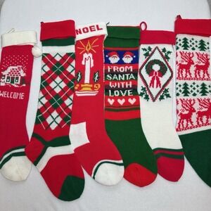 Vintage Knit Christmas Stocking Pom Poms Long Lot of 6 Stockings Novelty Acrylic